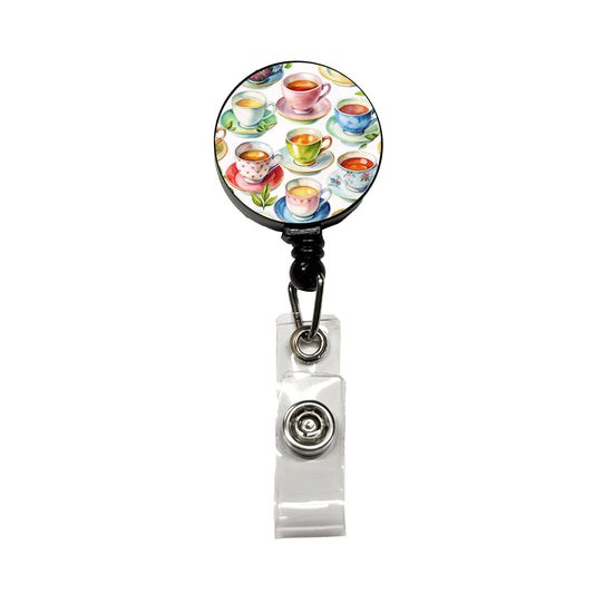 Lots Of Tea Cups Retractable ID Key Card Name Tag Badge Holder with Clip