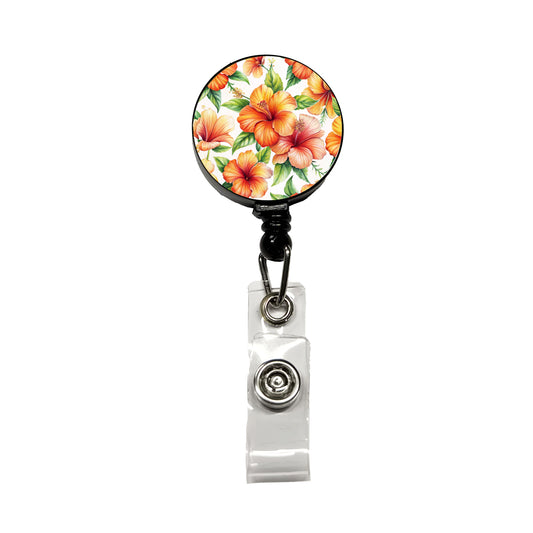 Orange Hibiscus Flowers Watercolor Retractable ID Key Card Name Tag Badge Holder with Clip