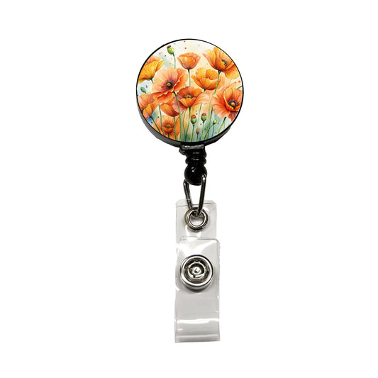 Orange Poppies Flowers Watercolor Retractable ID Key Card Name Tag Badge Holder with Clip