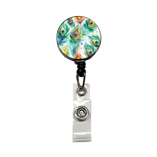 Peacock Feathers Watercolor Retractable ID Key Card Name Tag Badge Holder with Clip