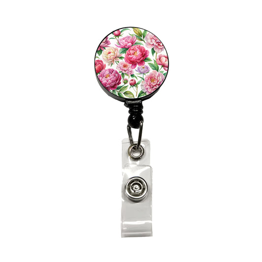 Peonies Pink Flowers Watercolor Retractable ID Key Card Name Tag Badge Holder with Clip