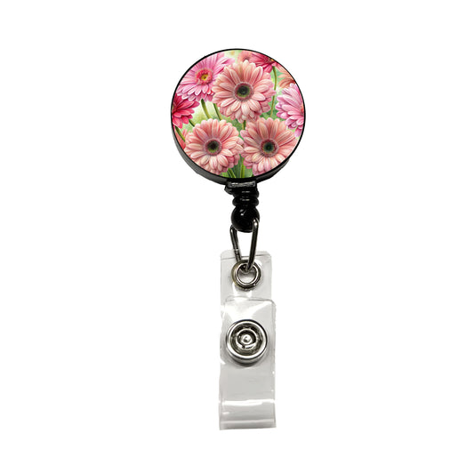 Pink Gerbera Daisies Flowers Watercolor Retractable ID Key Card Name Tag Badge Holder with Clip