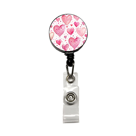 Pink Hearts Polka Dots Valentine's Love Anniversary Retractable ID Key Card Name Tag Badge Holder with Clip