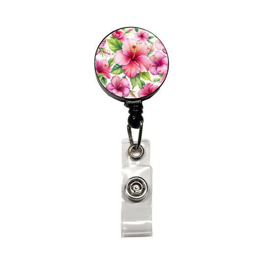 Pink Hibiscus Tropical Flowers Watercolor Retractable ID Key Card Name Tag Badge Holder with Clip