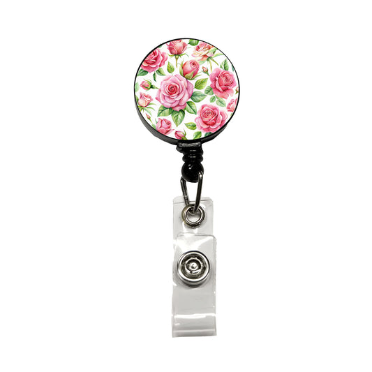 Pink Roses Flowers Watercolor Retractable ID Key Card Name Tag Badge Holder with Clip