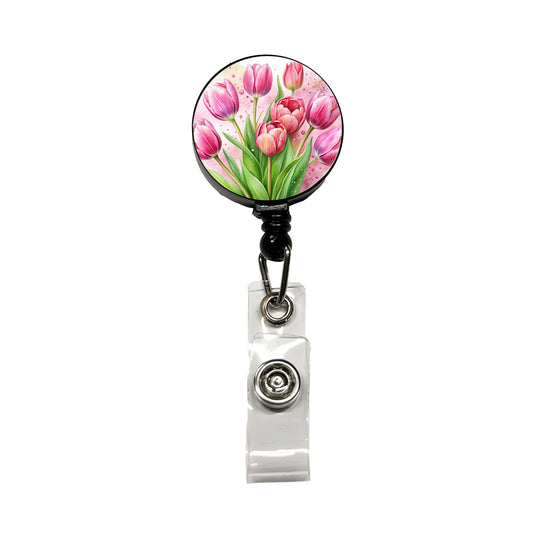 Pink Tulips Flowers Watercolor Retractable ID Key Card Name Tag Badge Holder with Clip
