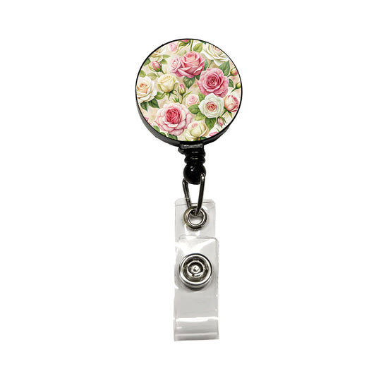 Pink White Roses Flowers Watercolor Retractable ID Key Card Name Tag Badge Holder with Clip