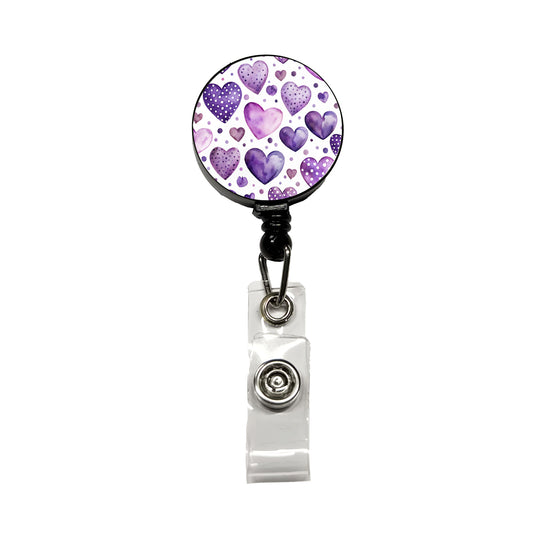 Purple Hearts Polka Dots Watercolor Retractable ID Key Card Name Tag Badge Holder with Clip