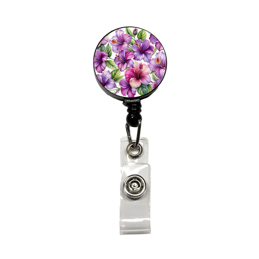 Purple Hibiscus Flowers Watercolor Retractable ID Key Card Name Tag Badge Holder with Clip