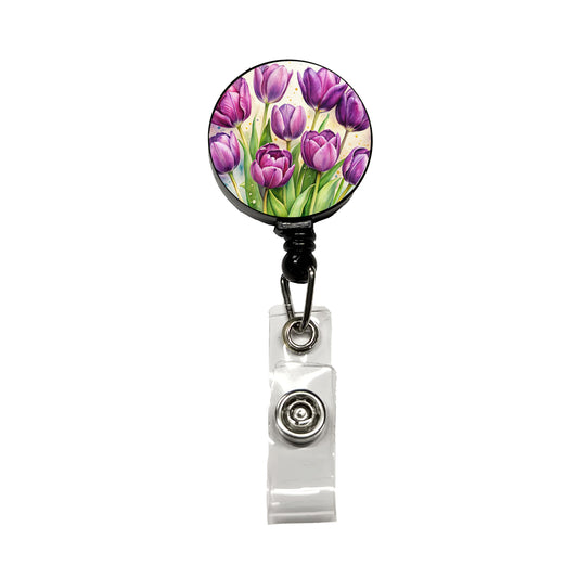 Purple Tulips Flowers Watercolor Retractable ID Key Card Name Tag Badge Holder with Clip