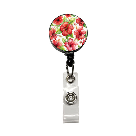 Red Hibiscus Flowers Watercolor Retractable ID Key Card Name Tag Badge Holder with Clip