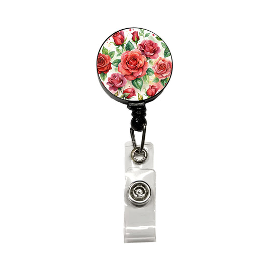 Red Roses Flowers Watercolor Retractable ID Key Card Name Tag Badge Holder with Clip