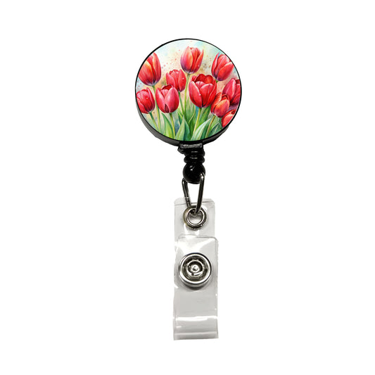 Red Tulips Flowers Watercolor Retractable ID Key Card Name Tag Badge Holder with Clip