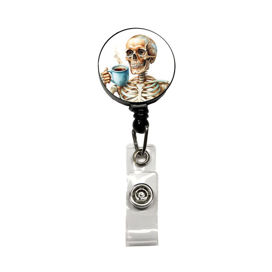 Skeleton Drinking Coffee Watercolor Retractable ID Key Card Name Tag Badge Holder with Clip