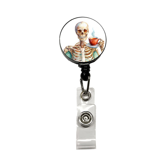 Skeleton Drinking Tea Watercolor Retractable ID Key Card Name Tag Badge Holder with Clip