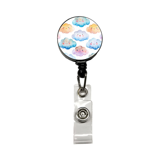 Sweet Smiling Clouds In A Row Watercolor Retractable ID Key Card Name Tag Badge Holder with Clip