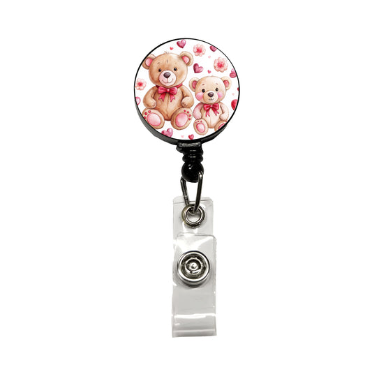 Teddy Bears Pink Red Hearts Retractable ID Key Card Name Tag Badge Holder with Clip