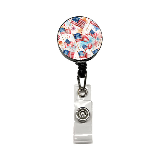USA American Flags Patriotic Watercolor Retractable ID Key Card Name Tag Badge Holder with Clip