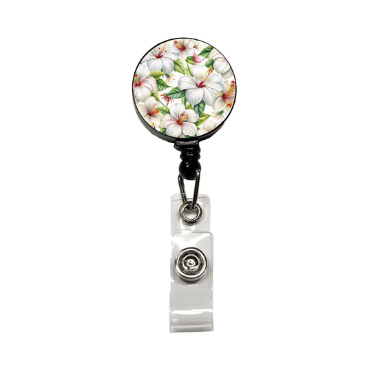 White Hibiscus Flowers Watercolor Retractable ID Key Card Name Tag Badge Holder with Clip