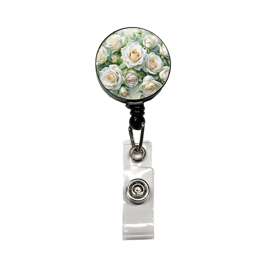White Roses Flowers Watercolor Retractable ID Key Card Name Tag Badge Holder with Clip