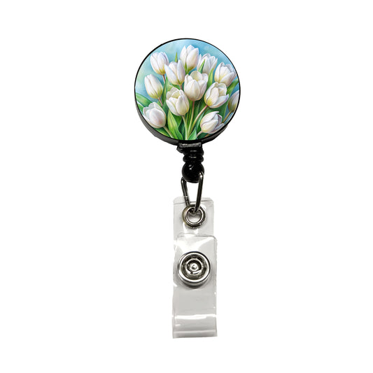 White Tulips Flowers Watercolor Retractable ID Key Card Name Tag Badge Holder with Clip
