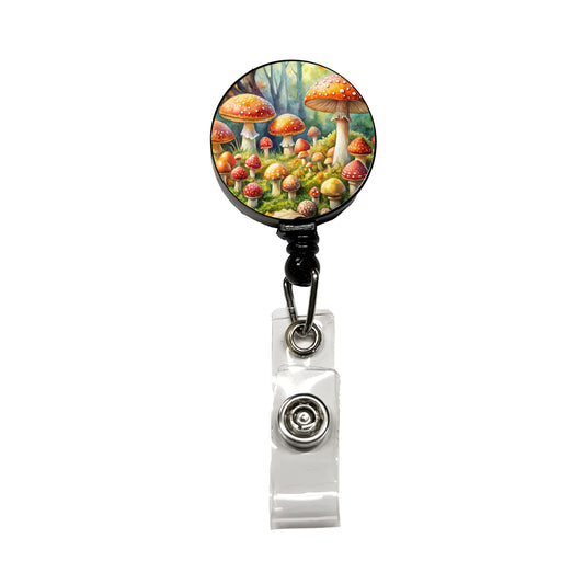 Woodland Mushrooms Watercolor Retractable ID Key Card Name Tag Badge Holder with Clip