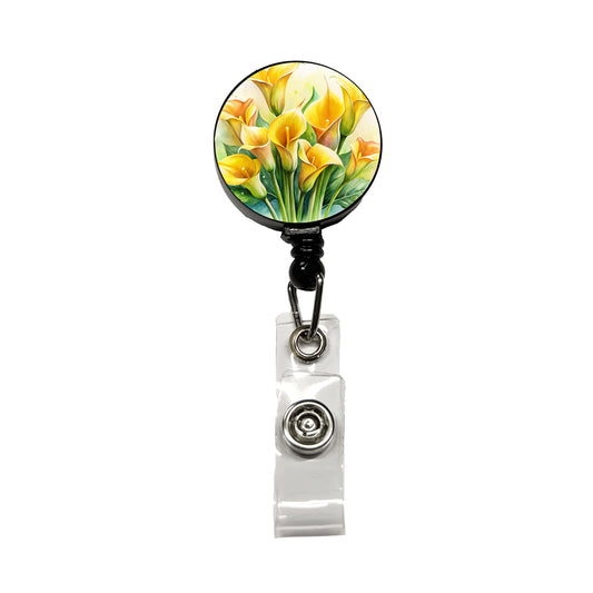 Yellow Calla Lily Flowers Watercolor Retractable ID Key Card Name Tag Badge Holder with Clip
