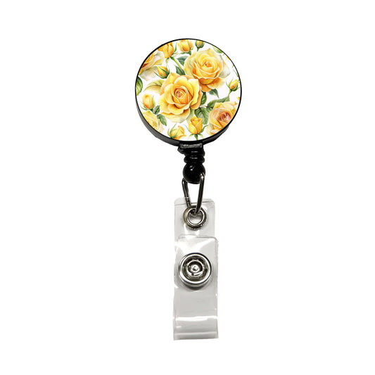 Yellow Roses Flowers Watercolor Retractable ID Key Card Name Tag Badge Holder with Clip