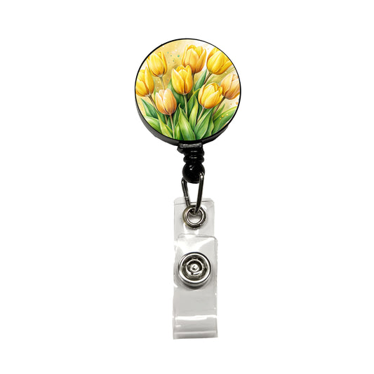 Yellow Tulips Flowers Watercolor Retractable ID Key Card Name Tag Badge Holder with Clip