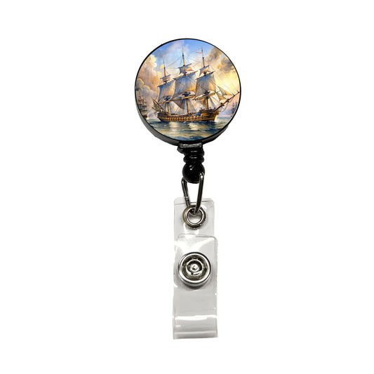 18th Century Sailing War Ship Of The Line Watercolor Retractable ID Key Card Name Tag Badge Holder with Clip