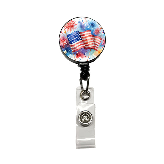 4th Of July Patriotic Independence Day Watercolor Retractable ID Key Card Name Tag Badge Holder with Clip
