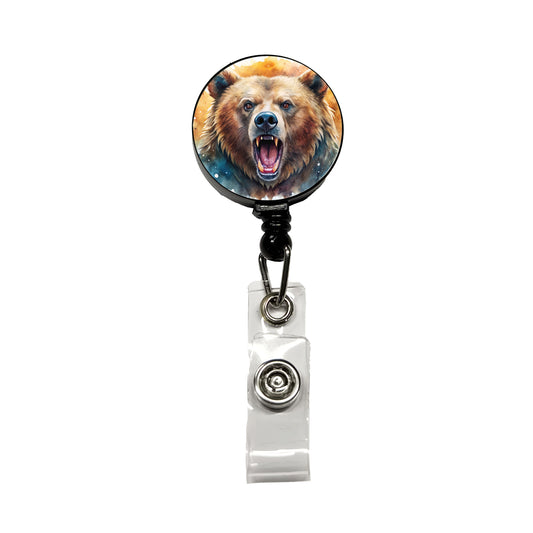 Angry Mad Grizzly Bear Watercolor Retractable ID Key Card Name Tag Badge Holder with Clip