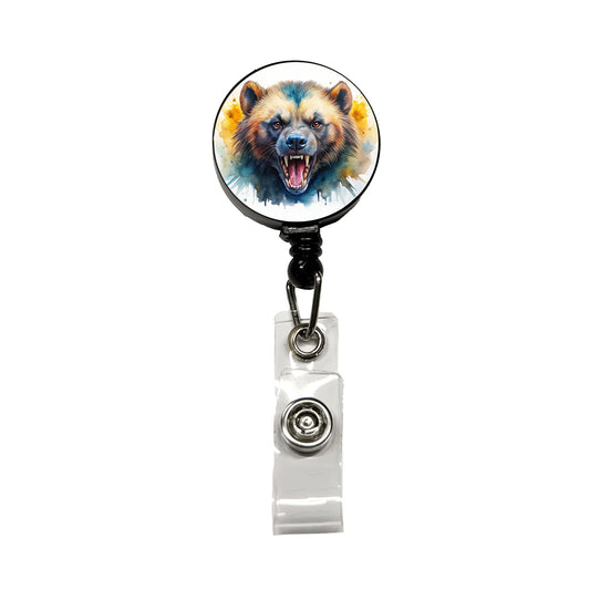 Angry Mad Wolverine Watercolor Retractable ID Key Card Name Tag Badge Holder with Clip