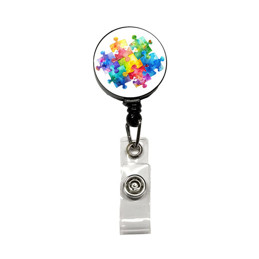 Autism Awareness Acceptance Puzzle Pieces Watercolor Retractable ID Key Card Name Tag Badge Holder with Clip