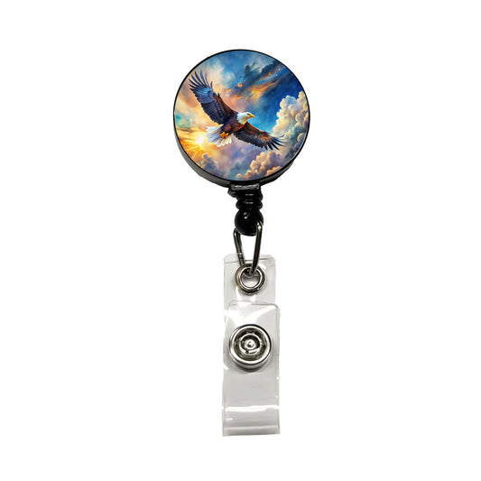Bald Eagle Flying In Sky Clouds Watercolor Retractable ID Key Card Name Tag Badge Holder with Clip