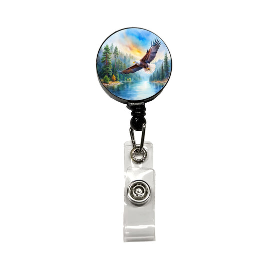 Bald Eagle Flying With Forest Lake Watercolor Retractable ID Key Card Name Tag Badge Holder with Clip
