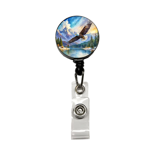 Bald Eagle Flying With Mountains Lake Watercolor Retractable ID Key Card Name Tag Badge Holder with Clip