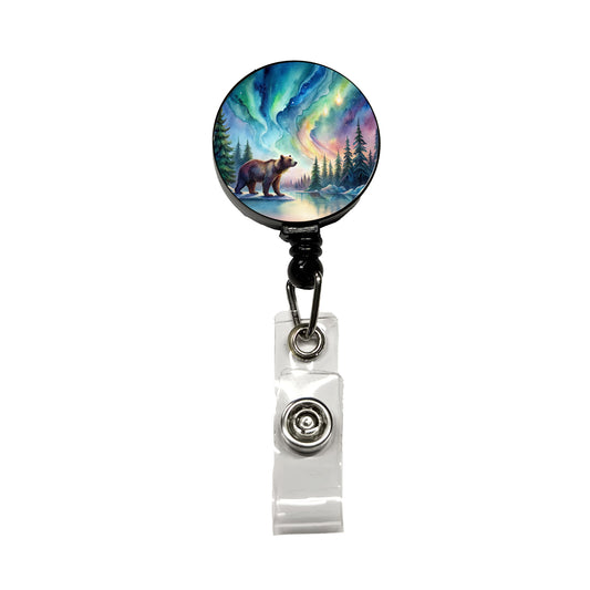 Bear And Northern Lights Watercolor Retractable ID Key Card Name Tag Badge Holder with Clip