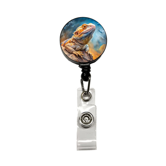 Bearded Dragon Lizard On Rock Stormy Scene Reptile Watercolor Retractable ID Key Card Name Tag Badge Holder with Clip