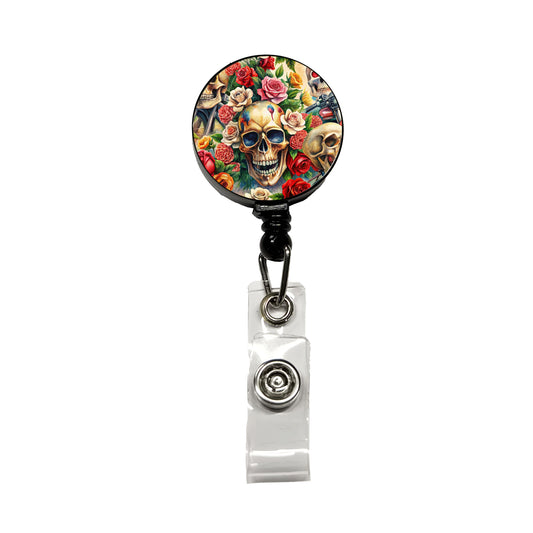 Biker Skulls And Roses Theme Watercolor Retractable ID Key Card Name Tag Badge Holder with Clip