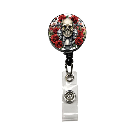 Biker Style Skulls And Roses Motorcycle Retractable ID Key Card Name Tag Badge Holder with Clip