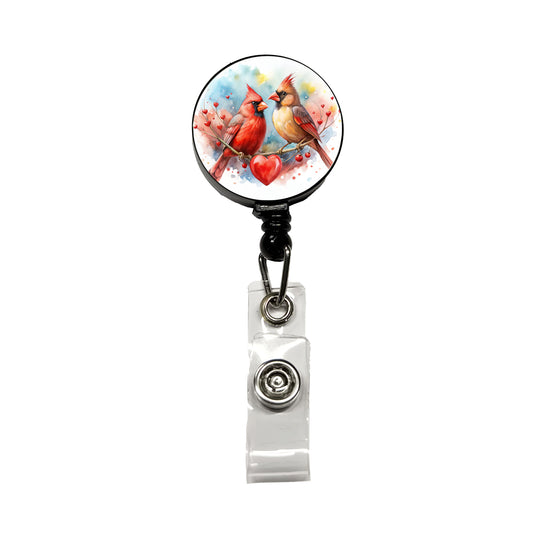 Cardinals In Love With Hearts Valentine's Day Retractable ID Key Card Name Tag Badge Holder with Clip