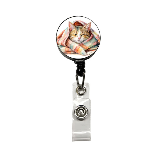 Cat Snuggling In Blanket Watercolor Retractable ID Key Card Name Tag Badge Holder with Clip