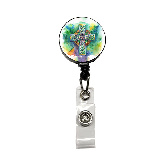Celtic Christian Cross Watercolor Retractable ID Key Card Name Tag Badge Holder with Clip