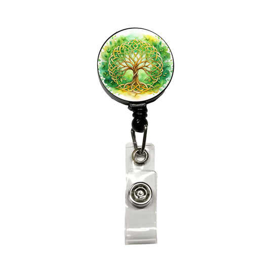 Celtic Irish Tree Of Life Knots Green And Golden Watercolor Retractable ID Key Card Name Tag Badge Holder with Clip