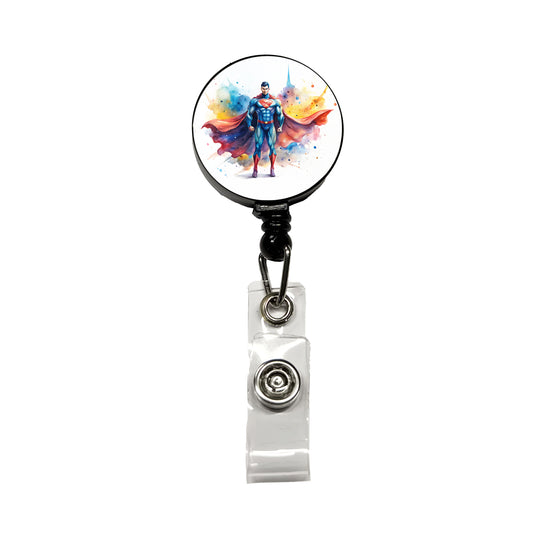 Classic Caped Superhero Watercolor Retractable ID Key Card Name Tag Badge Holder with Clip