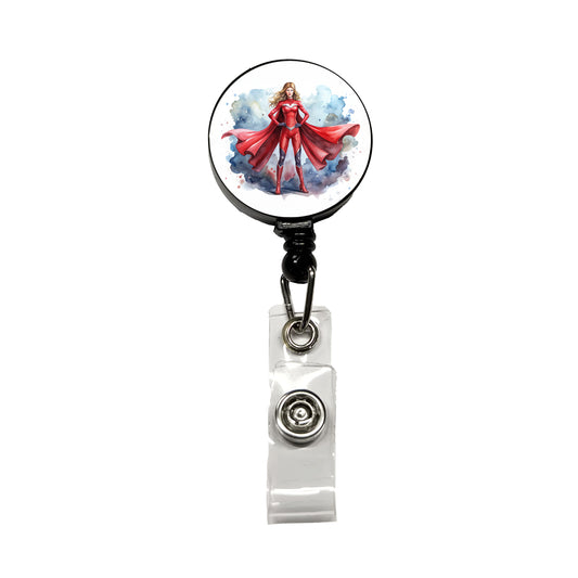 Classic Female Superhero With Red Costume Watercolor Retractable ID Key Card Name Tag Badge Holder with Clip