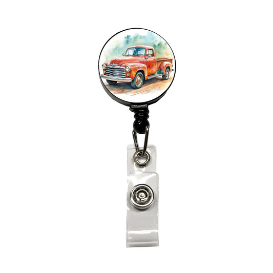Classic Retro Vintage Pickup Truck Watercolor Retractable ID Key Card Name Tag Badge Holder with Clip