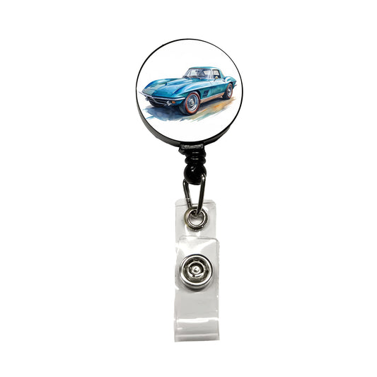 Classic Vintage Blue Sports Car Watercolor Retractable ID Key Card Name Tag Badge Holder with Clip
