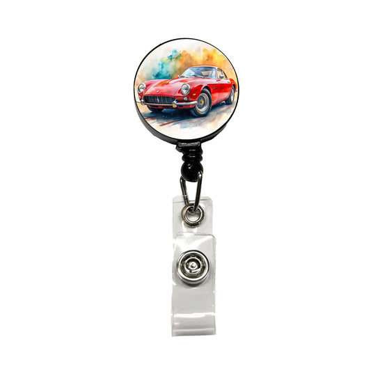 Classic Vintage Red Italian Sports Car Watercolor Retractable ID Key Card Name Tag Badge Holder with Clip